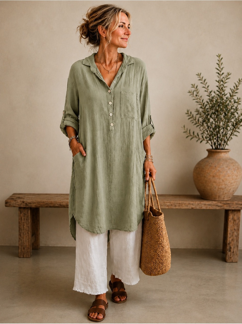 Cotton Gauze Lagenlook Tunic Dress XL Sage Green Coastal Grandmother Boho